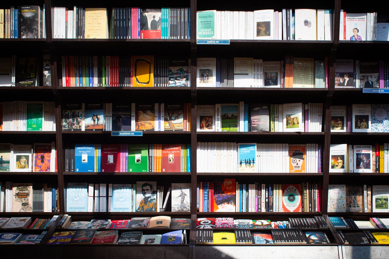 Wide array of books on a shelf in a cozy bookstore in Ankara, Türkiye.